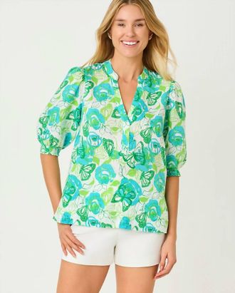Lilly Pulitzer Mialeigh Elbow Sleeve Linen Top In Resort White/monarch Rose