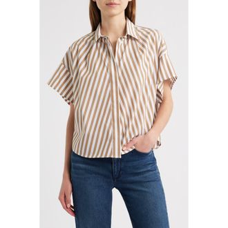 Rag & Bone Maura Stripe High-Low Cotton Poplin Button-Up Shirt in Brown Stripe at Nordstrom Rack, Size Medium