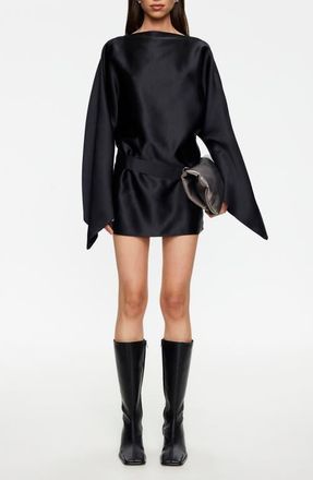 Lioness Touch Long Sleeve Satin Minidress in Noir at Nordstrom, Size X-Large
