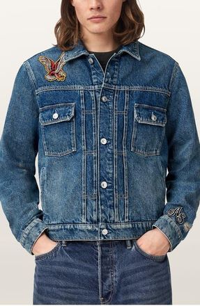 AllSaints Exile Patch Denim Jacket in Washed Indigo at Nordstrom, Size X-Large