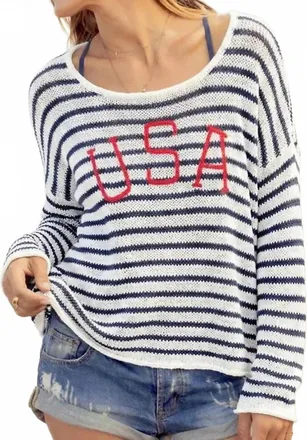 Wooden Ships Usa Striped Crewneck Sweater In White Dark Indigo