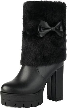 Generic Womens Lined Winter Boots Made of PU Leather, Fashionable Fur Boots with Bow And High Block Heel, Warm Mid-Calf Platform Snow Boots for Everyday Wear 