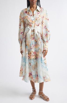 Camilla Floral Long Sleeve Waist Tie Linen Shirtdress in A Taste For Lace at Nordstrom, Size X-Large
