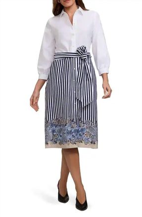 Foxcroft Esther Tie Waist Midi Shirtdress In Blue/white