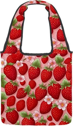 Generic Red Flower Strawberry Reversible Canvas Shoulder Tote - Double-Sided Print, 12oz Cotton, 27cm Drop, Fold-Flat Bag for Travel, Shopping, Street Outings
