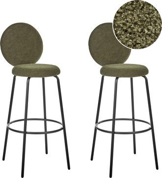 Beliani Conjunto De 2 Sillas De Bar De Boucl&eacute; Patas De Acero Negro Respaldo Redondo Patas De Tapas Comedor Verde Emery
