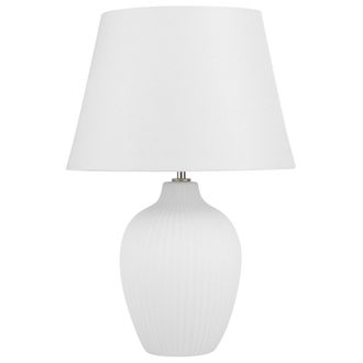 Beliani L&aacute;mpara De Mesa De Cer&aacute;mica Blanco 52 Cm Pantalla De Lino Retro Sala De Estar Dormitorio Fergus
