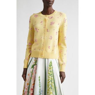 Oscar De La Renta Sequin & Crystal Embroidered Wool Cardigan in Yellow/Pink at Nordstrom, Size Large