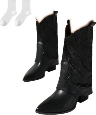 Generic Womens Western Ankle Boots with Low Block Heel, Fashionable Mid-Calf Boots with Pointed Toe Design And Glitter Sequins, Comfortable Slip-On Boots for 