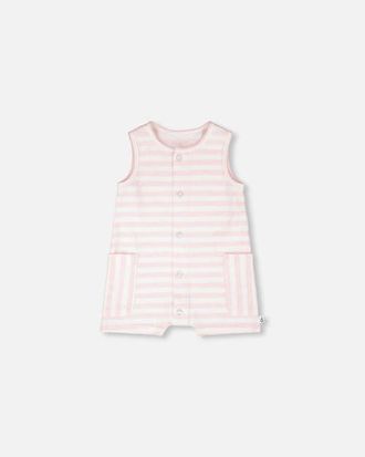 Deux par Deux Sleeveless Cotton Striped Romper in White & Pink Stripes at Nordstrom, Size 24M