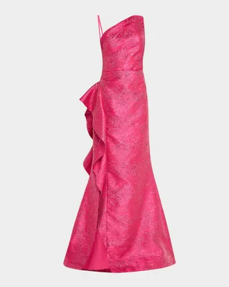Teri Jon One-Shoulder Metallic Jacquard Trumpet Gown