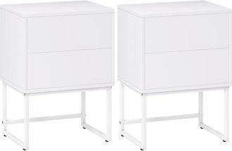 HOMCOM Homcom - pack de 2 mesitas de noche estrechas mesillas de noche dormitorio con 2 cajones apertura por presi&oacute;n y patas de acero 40x30x55 cm blanco