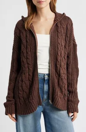 PacSun Dylan Cable Knit Zip-Up Hooded Sweater in Brown at Nordstrom Rack, Size Large/x-Large