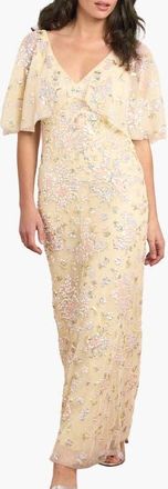Needle & Thread Peony Bouquet Sequin V-Neck Cape Gown in Lemon Sorbet/multi at Nordstrom, Size 8