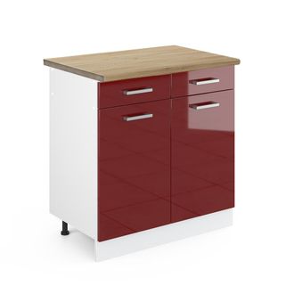 Vicco Mueble Bajo De Cocina R-line, Rojo Burdeos Alto Brillo, 80 Cm, Et Roble