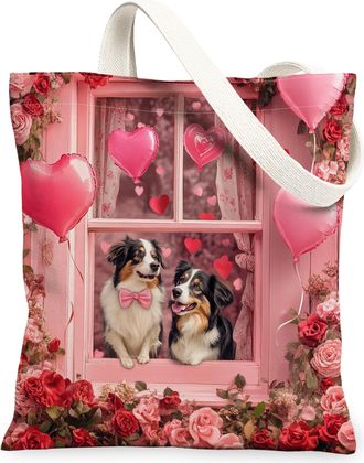Generic Valentines Day Bichon Frise Dog Canvas Tote Bag for Shopping 13x15, Window Couple Puppy Reusable Grocery Print Bag for Women, Pet Beach Aesthetic Pain