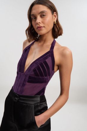 Karen Millen Womens Stretch Velvet Taping Detail Mesh Sweetheart Neck Bodysuit - Purple Nylon - Size X-Small