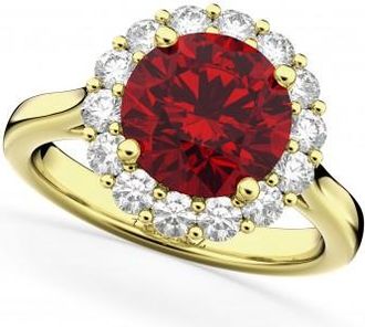 Allurez Halo Round Lab Ruby & Lab Grown Diamond Engagement Ring 14K Yellow Gold 4.45ct