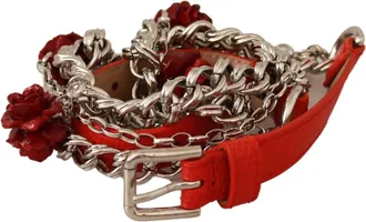 Dolce & Gabbana Red Leather Roses Floral Silver Waist Womens Belt