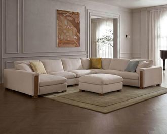 Castlery Tan France Kagan 6-Piece L-Shape Sectional Couch with Left Chaise ; Ottoman, Basketweave Cream - Castlery