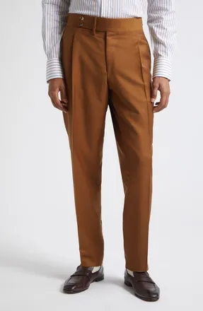 Isaia Unito Pleated Wool, Mohair & Silk Pants in Medium Brown 420 at Nordstrom, Size 56