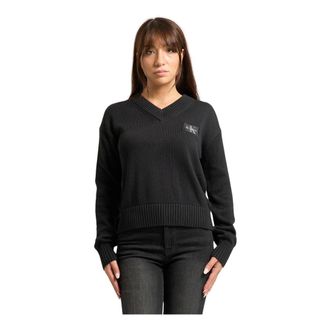 Calvin Klein V-neck Knitwear, female, Black, Size: L Black V-Neck Sweater Emblem Ribbed