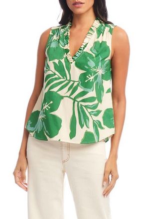 Karen Kane Floral Ruffle Sleeveless Cotton Top in Green Floral Print at Nordstrom, Size Medium