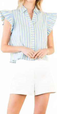 THML Clothing Flutter Sleeve Striped Button Top In Blue