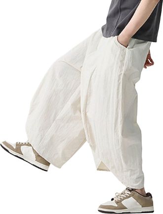 Generic 2025 Trousers Wide Leg Elastic Waist Linen Distressed Patchwork Pumpkin Style Wide Leg 3/4 Length Cropped Pants (White, XXXL)