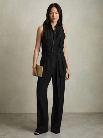 Reiss Black Utility Zip Through Jumpsuit With Linen, 14