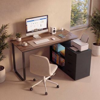 Costway Costway 140cm Reversible L-Shaped Desk w/ Power Outlet Study Writing Table in Brown