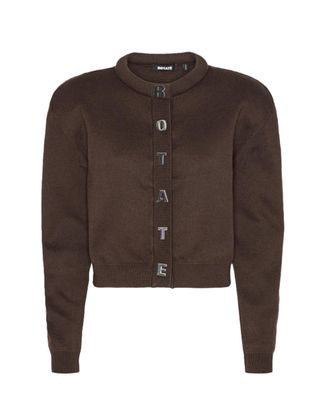Rotate Cropped Ribbed Knit Cardigan with Metallic Letters