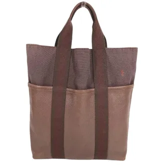 Herm&egrave;s Brown Leather Canvas Handbag Tote Bag (Pre-Owned)