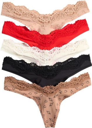 SKIMS 5-Pack Fits Everybody Lace Dipped Thong in Sketched Hearts Multi at Nordstrom, Size X-Large