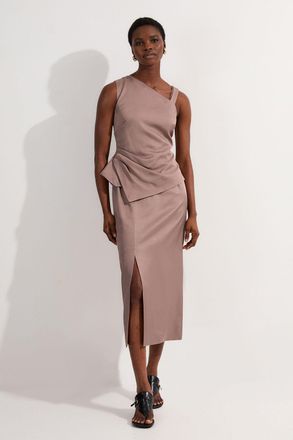 Karen Millen Womens Premium Viscose Linen Asymmetric Neck Tailored Pencil Maxi Dress - Taupe - Size 10 UK