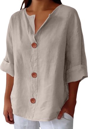 Generic Plus Size 3/4 Sleeve Linen Tops for Women UK Summer V Neck Mid Long Sleeve Tops Ladies Casual Loose Vacation Beach Solid Color down Blouses Tunic T Sh