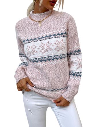Generic Snowflake Sweater-Women Christmas Sweater Snow Flake Knit Sweatshirt Long Sleeves Loose Pullover Women Tops, Pink, S