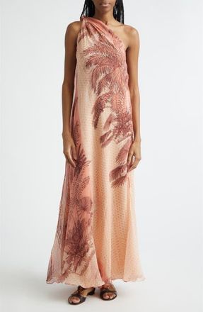 Johanna Ortiz Freedom Palm Print Metallic Silk Cr&ecirc;pe de Chine Maxi Dress in Ecru /Peach at Nordstrom, Size 4