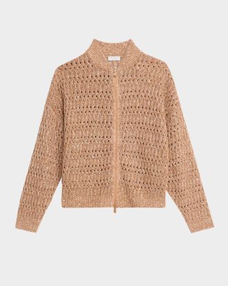 Brunello Cucinelli Paillette Linen Open-Knit Zip Cardigan