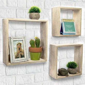 Trade Shop Trade Shop - Set 3 Mensole Da Parete Moderne Design Cubo Mensola Scaffale In Legno Mdf Beige