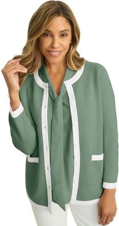 Jessica London Tipped Boxy Cardigan in Olive Drab White at Nordstrom, Size Small