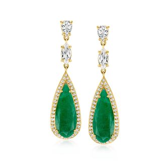 Ross-Simons Emerald and White Topaz Drop Earrings in 18kt Gold Over Sterling