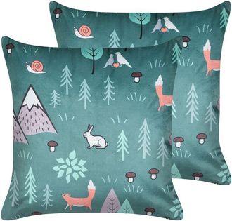Beliani Beliani - Conjunto De 2 Cojines Decorativos De Terciopelo Para Ni&ntilde;os Con Funda Extra&iacute;ble Y Cremallera Incorporada Motivo Bosque Estampado De Animales 