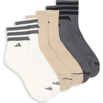 adidas 3-Pack Cushioned 3-Stripe Quarter Crew Socks in Off White/Cargo Khaki/Grey at Nordstrom Rack, Size Large