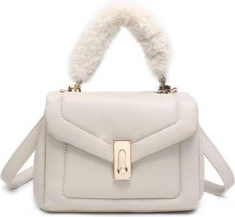 Generic Womens Quilted Grab Bag with Faux Fur Handle, Small Crossbody & Top Handle Handbag with Push Lock Flap, Compact Shoulder Purse (Beige)