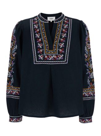 BA&SH Caloe Blue Blouse With Round Neck And All-Over Embroidery In Cotton And Linen Blend Woman