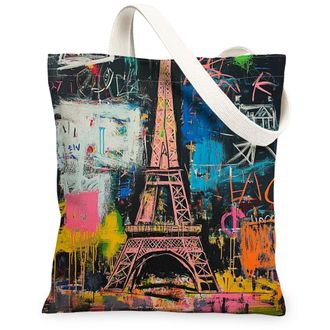 Generic Artistic Vintage Canvas Tote Bags, Colorful Paris Tower Design Reusable Grocery Bags, Lightweight Washable Shoulder Strap Canvas for Shopping Travel B