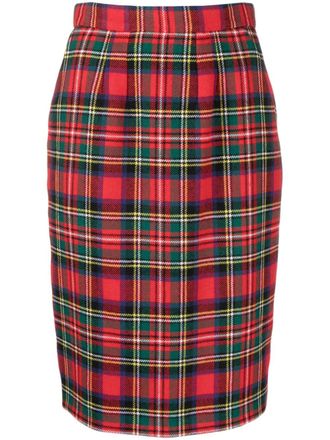 Saint Laurent tartan-check pencil skirt - women - Wool/Polyamide/Silk - 40 - Red