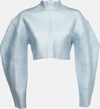 H&eacute;rve L&eacute;ger Blue Textured Lurex Knit Mock Neck Sweatshirt