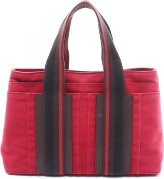Herm&egrave;s Brown Red Color Canvas Leather Handbag Tote Bag (Pre-Owned)